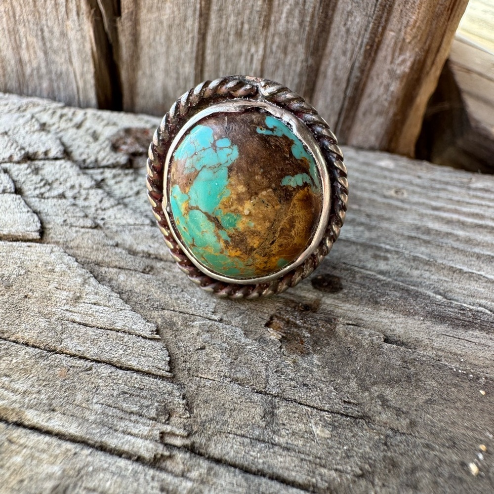 Vintage Navajo Turquoise and Brown Stone & Sterling Ring Unmarked